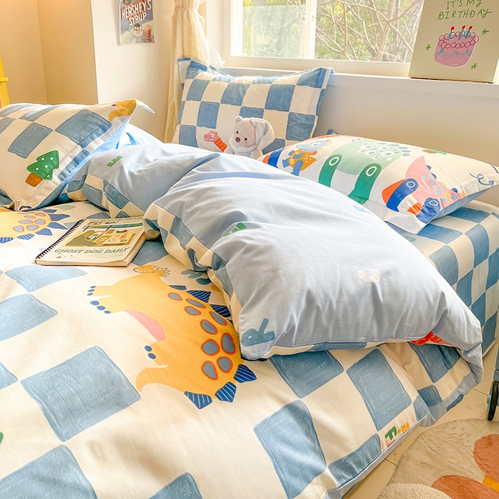 91家纺网 家纺一手货源 找家纺 绵庭家纺 2024新款全棉印花四件套 恐龙迎新会 蓝