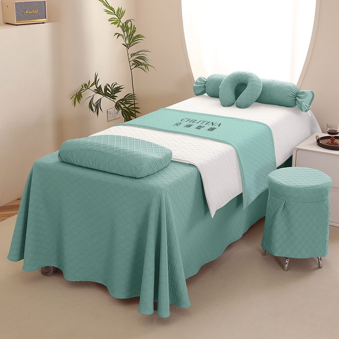 91家纺网 家纺一手货源 找家纺 琪宝阁 2024新款莫代尔针织棉美 容床罩套件-华夫格 绿色+白被套