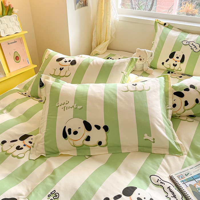 91家纺网 家纺一手货源 找家纺 绵庭家纺 2024新款全棉印花四件套 奶油狗 绿