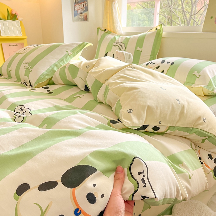 91家纺网 家纺一手货源 找家纺 绵庭家纺 2024新款全棉印花四件套 奶油狗 绿