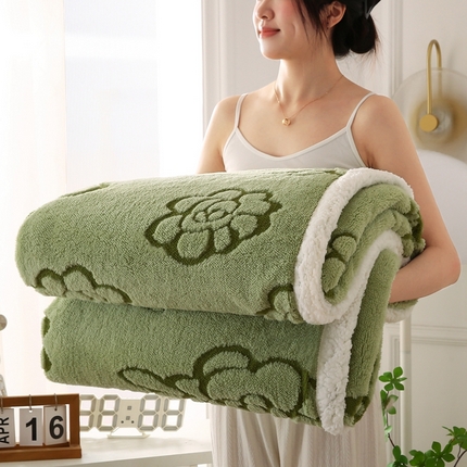巴木赫 2024新款提花朵朵绒双层羊羔绒毯 茶绿