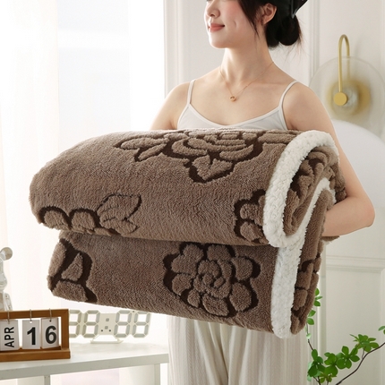 巴木赫 2024新款提花朵朵绒双层羊羔绒毯 咖啡