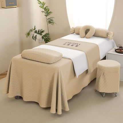 91家纺网 家纺一手货源 找家纺 琪宝阁 2024新款莫代尔针织棉美 容床罩套件-华夫格 卡其+白被套