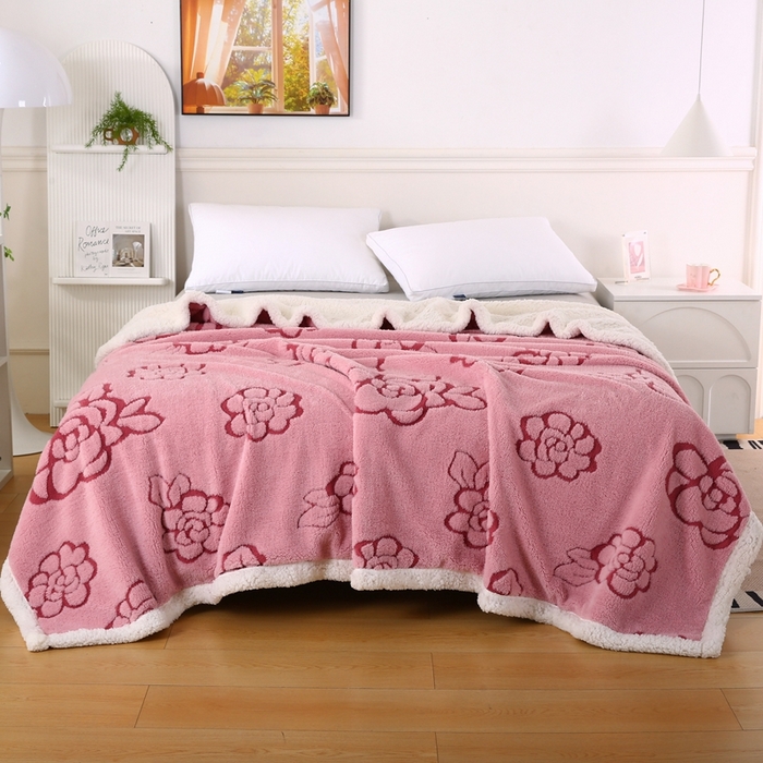 91家纺网 家纺一手货源 找家纺 巴木赫 2024新款提花朵朵绒双层羊羔绒毯 粉色