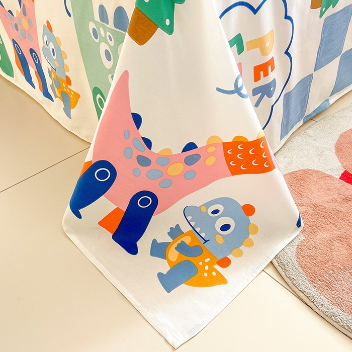 91家纺网 家纺一手货源 找家纺 绵庭家纺 2024新款全棉印花四件套 恐龙迎新会 蓝