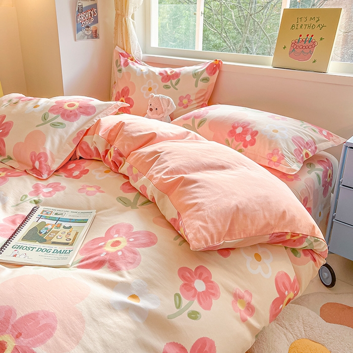 91家纺网 家纺一手货源 找家纺 绵庭家纺 2024新款全棉印花四件套 花之梦 红