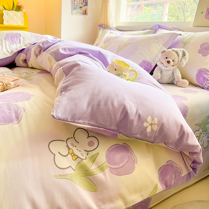 91家纺网 家纺一手货源 找家纺 绵庭家纺 2024新款全棉印花四件套 丛林小兔 紫