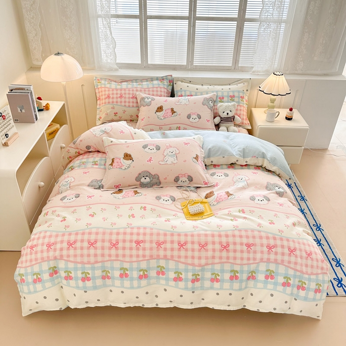 91家纺网 家纺一手货源 找家纺 绵庭家纺 2025新款全棉印花四件套系列 甜心樱桃狗