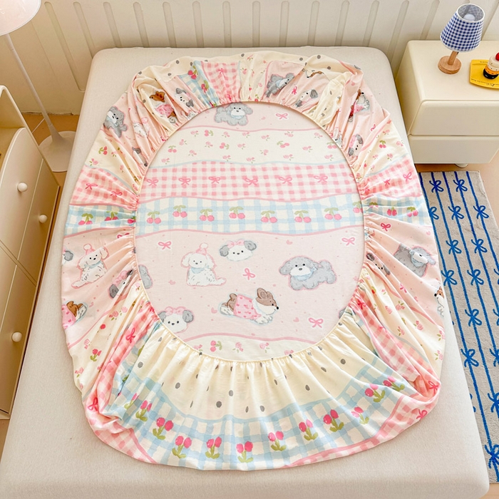 91家纺网 家纺一手货源 找家纺 绵庭家纺 2025新款全棉印花单床笠系列 甜心樱桃狗