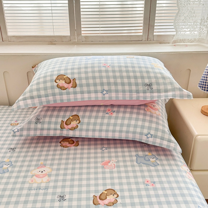 91家纺网 家纺一手货源 找家纺 绵庭家纺 2025新款全棉印花单枕套系列 星星发夹狗