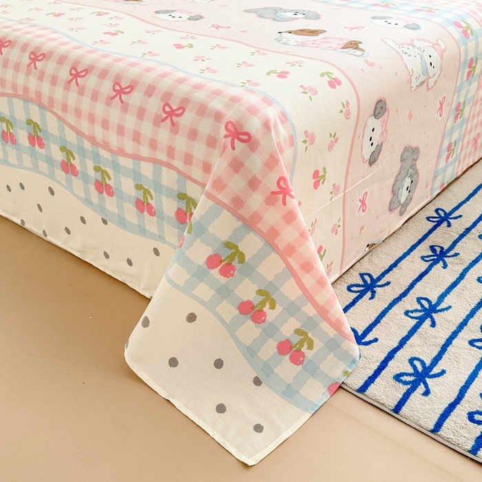 91家纺网 家纺一手货源 找家纺 绵庭家纺 2025新款全棉印花单床单系列 甜心樱桃狗