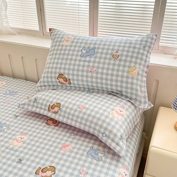 91家纺网 家纺一手货源 找家纺 绵庭家纺 2025新款全棉印花单枕套系列 星星发夹狗