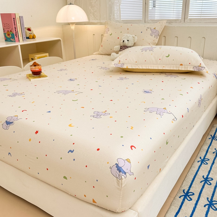 91家纺网 家纺一手货源 找家纺 绵庭家纺 2025新款全棉印花单床笠系列 彩点小象