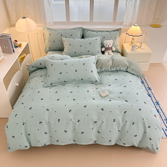 91家纺网 家纺一手货源 找家纺 绵庭家纺 2025新款全棉印花四件套系列 绿底蝴蝶结