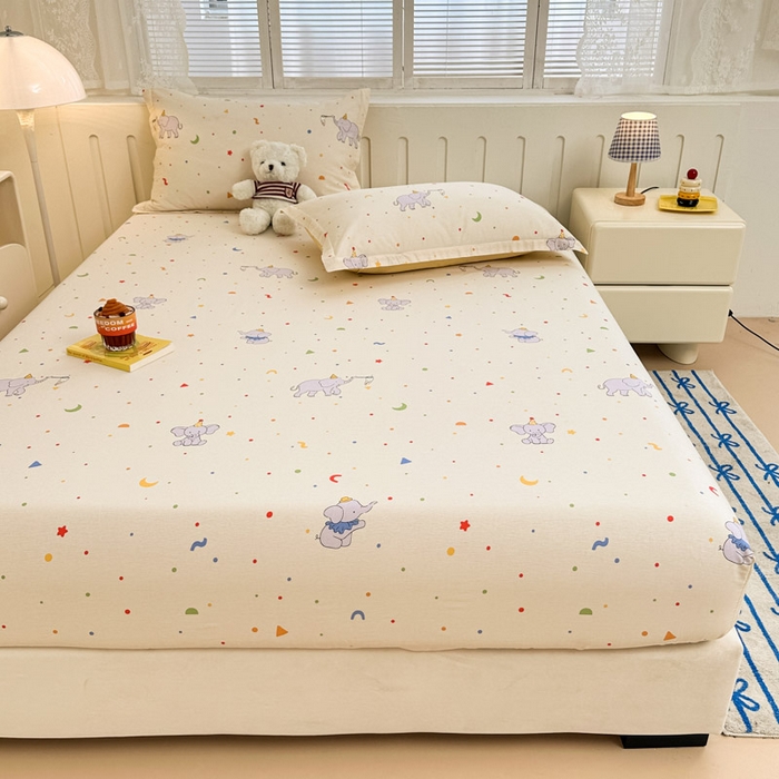 91家纺网 家纺一手货源 找家纺 绵庭家纺 2025新款全棉印花单床笠系列 彩点小象