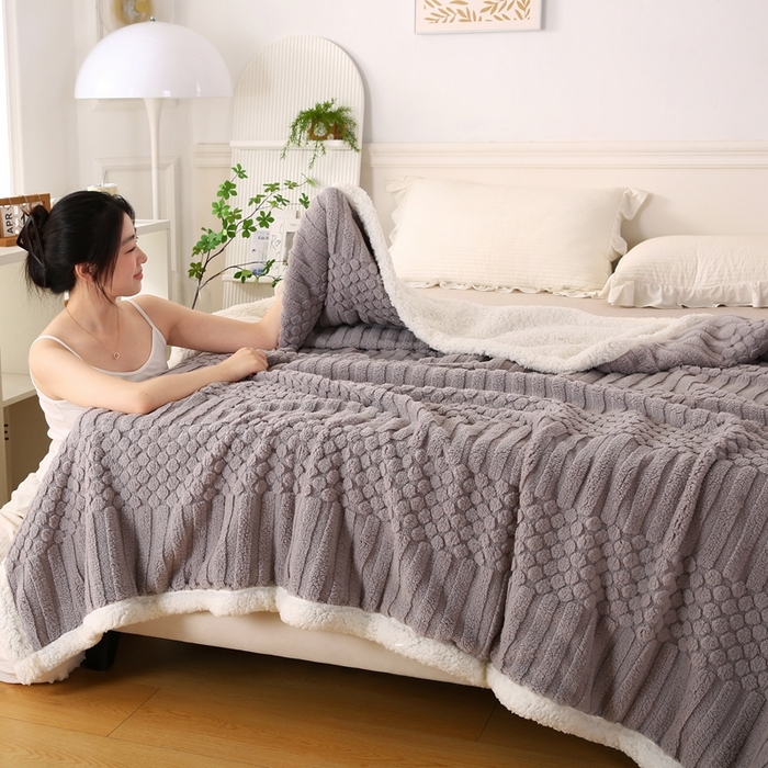 91家纺网 家纺一手货源 找家纺 巴木赫 2024新款舒棉绒点点塔芙绒双层羊羔绒毯 银灰