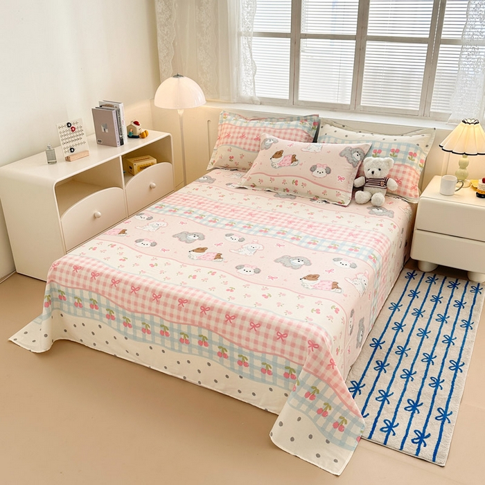 91家纺网 家纺一手货源 找家纺 绵庭家纺 2025新款全棉印花单床单系列 甜心樱桃狗