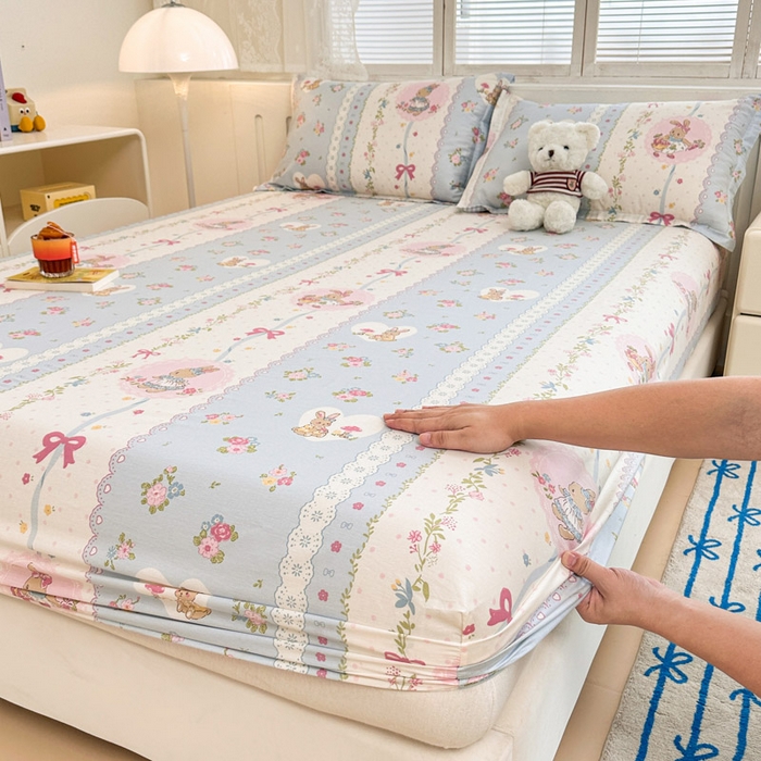 91家纺网 家纺一手货源 找家纺 绵庭家纺 2025新款全棉印花单床笠系列 花丛兔-兰