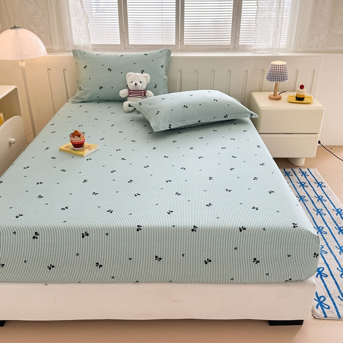 91家纺网 家纺一手货源 找家纺 绵庭家纺 2025新款全棉印花单床笠系列 绿底蝴蝶结