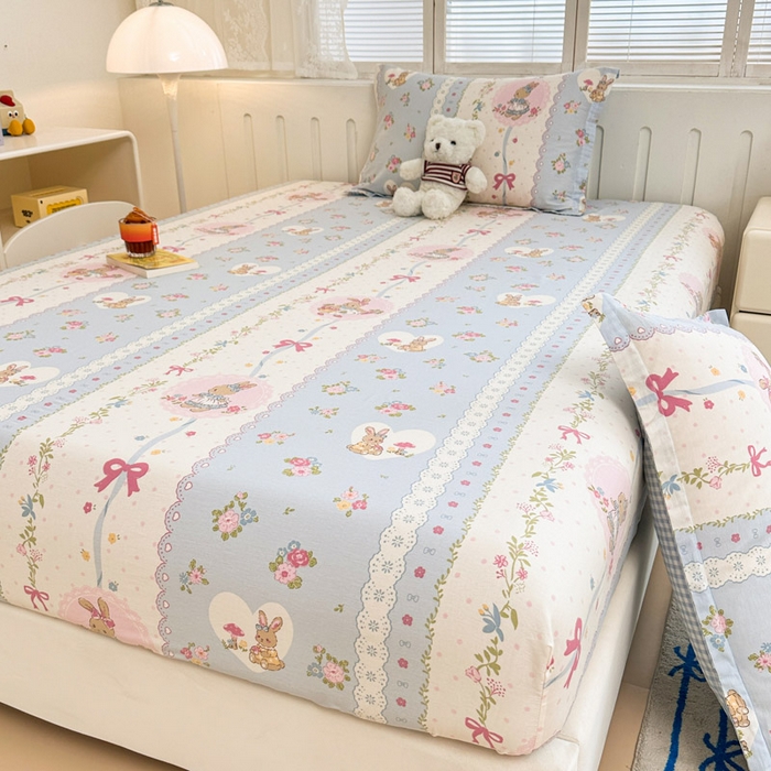 91家纺网 家纺一手货源 找家纺 绵庭家纺 2025新款全棉印花单床笠系列 花丛兔-兰