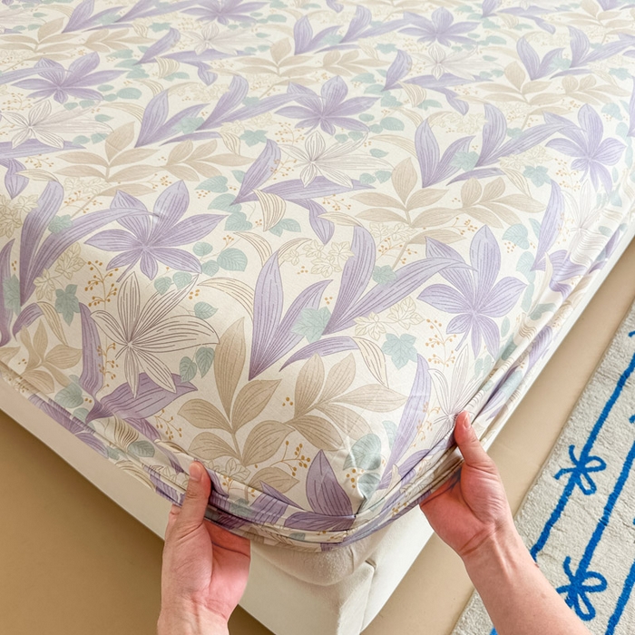 91家纺网 家纺一手货源 找家纺 绵庭家纺 2025新款全棉印花单床笠系列 紫叶倾城