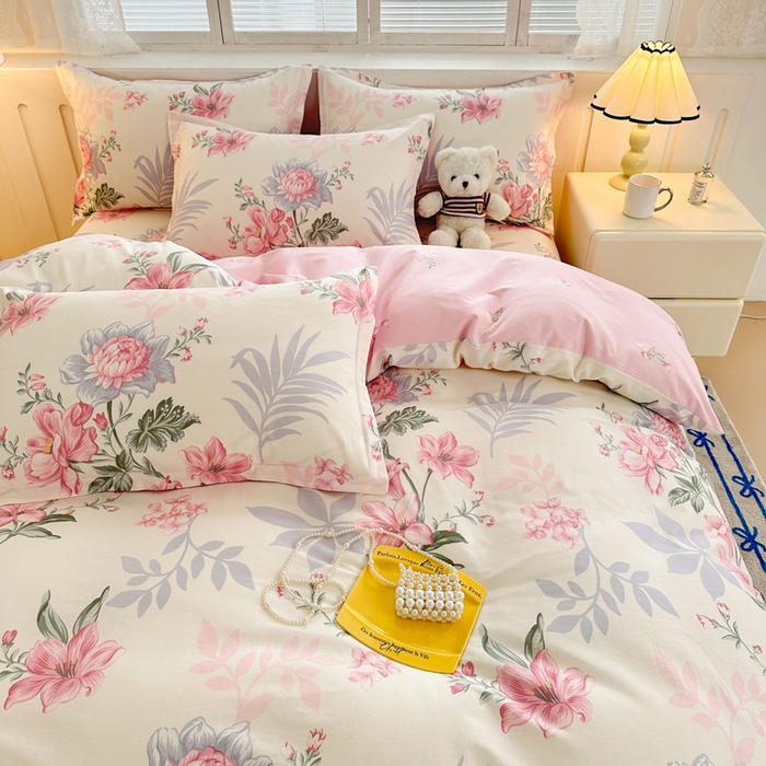 91家纺网 家纺一手货源 找家纺 绵庭家纺 2025新款全棉印花四件套系列 落川花海-粉