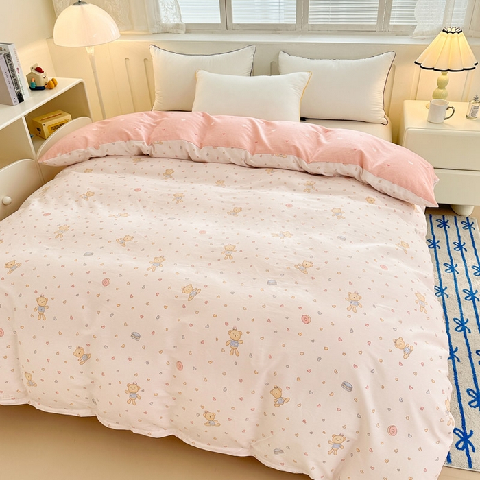 91家纺网 家纺一手货源 找家纺 绵庭家纺 2025新款全棉印花单被套系列 泡泡小熊-粉