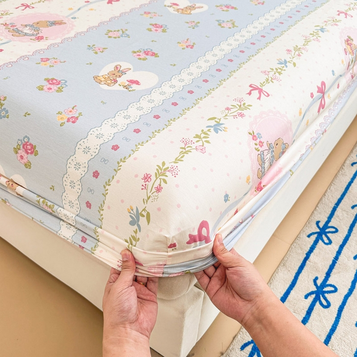 91家纺网 家纺一手货源 找家纺 绵庭家纺 2025新款全棉印花单床笠系列 花丛兔-兰