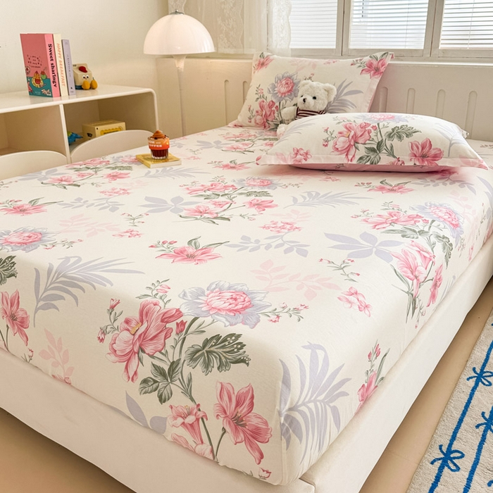 91家纺网 家纺一手货源 找家纺 绵庭家纺 2025新款全棉印花单床笠系列 落川花海-粉