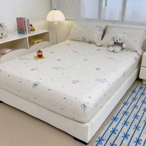 91家纺网 家纺一手货源 找家纺 绵庭家纺 2025新款全棉印花单床笠系列 彩点小象