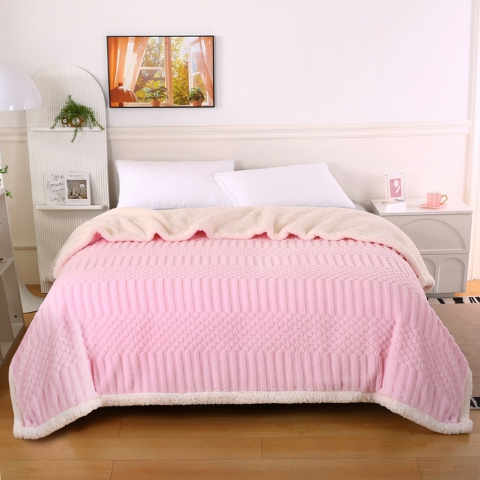 91家纺网 家纺一手货源 找家纺 巴木赫 2024新款舒棉绒点点塔芙绒双层羊羔绒毯 粉色