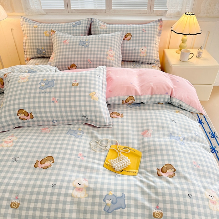 91家纺网 家纺一手货源 找家纺 绵庭家纺 2025新款全棉印花四件套系列 星星发夹狗