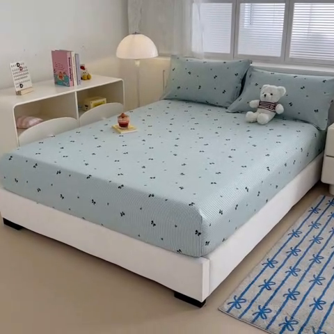 91家纺网 家纺一手货源 找家纺 绵庭家纺 2025新款全棉印花单床笠系列 绿底蝴蝶结