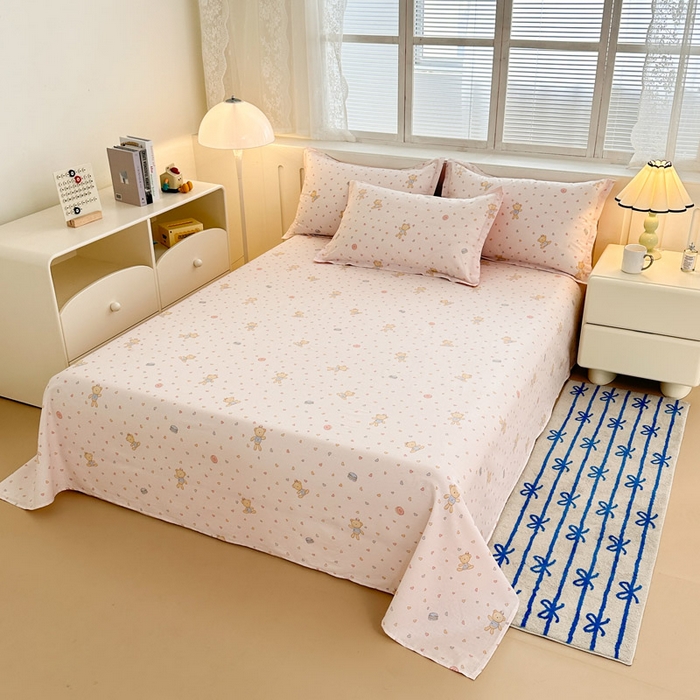 91家纺网 家纺一手货源 找家纺 绵庭家纺 2025新款全棉印花单床单系列 泡泡小熊-粉