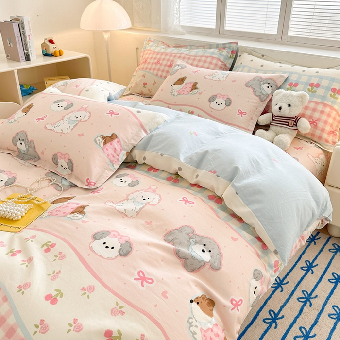 91家纺网 家纺一手货源 找家纺 绵庭家纺 2025新款全棉印花四件套系列 甜心樱桃狗