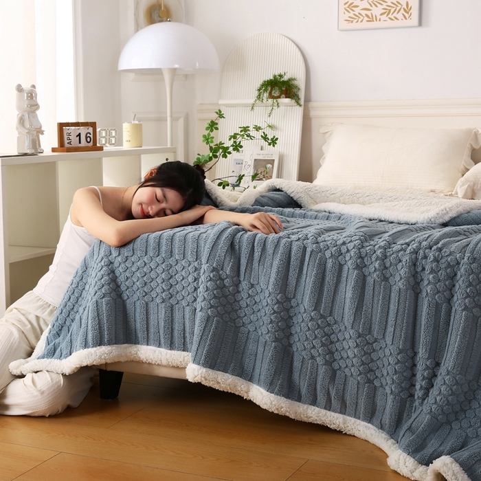 91家纺网 家纺一手货源 找家纺 巴木赫 2024新款舒棉绒点点塔芙绒双层羊羔绒毯 灰蓝