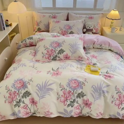 91家纺网 家纺一手货源 找家纺 绵庭家纺 2025新款全棉印花四件套系列 落川花海-粉