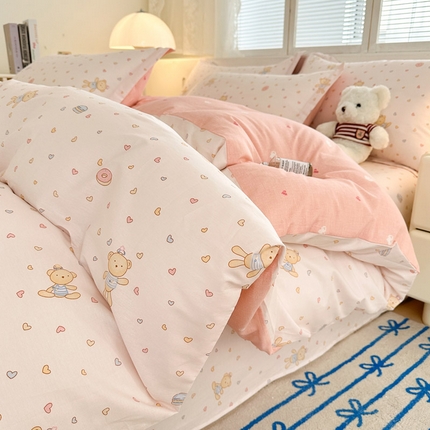 绵庭家纺 2025新款全棉印花四件套系列 泡泡小熊-粉