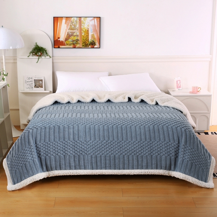 91家纺网 家纺一手货源 找家纺 巴木赫 2024新款舒棉绒点点塔芙绒双层羊羔绒毯 灰蓝