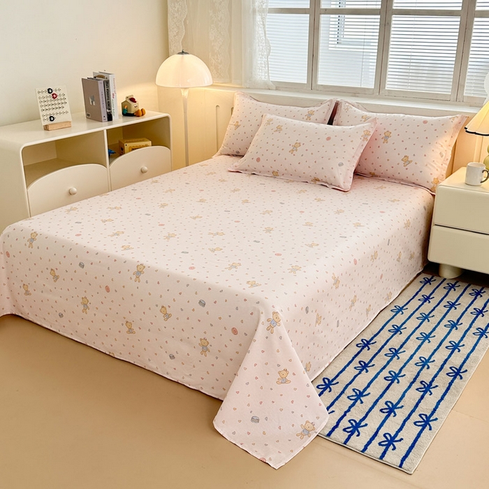 91家纺网 家纺一手货源 找家纺 绵庭家纺 2025新款全棉印花单床单系列 泡泡小熊-粉