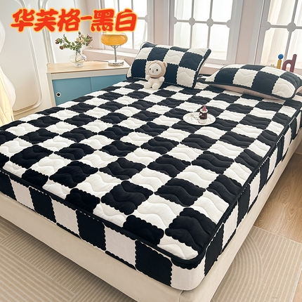 91家纺网 家纺一手货源 找家纺 （总）恒尚居 2024-秋冬牛奶绒加厚夹棉床笠三件套印花床垫保护罩-华夫格系列【2024爆款】