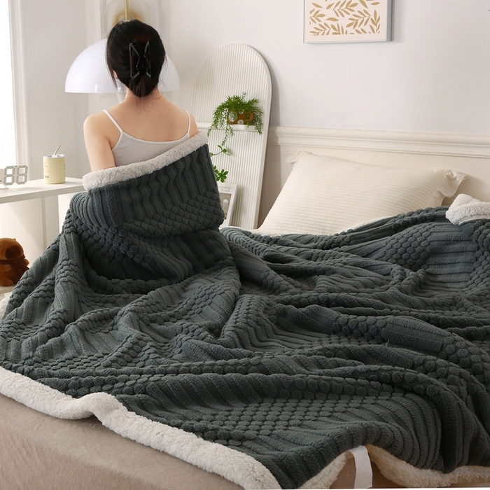 91家纺网 家纺一手货源 找家纺 巴木赫 2024新款舒棉绒点点塔芙绒双层羊羔绒毯 深灰