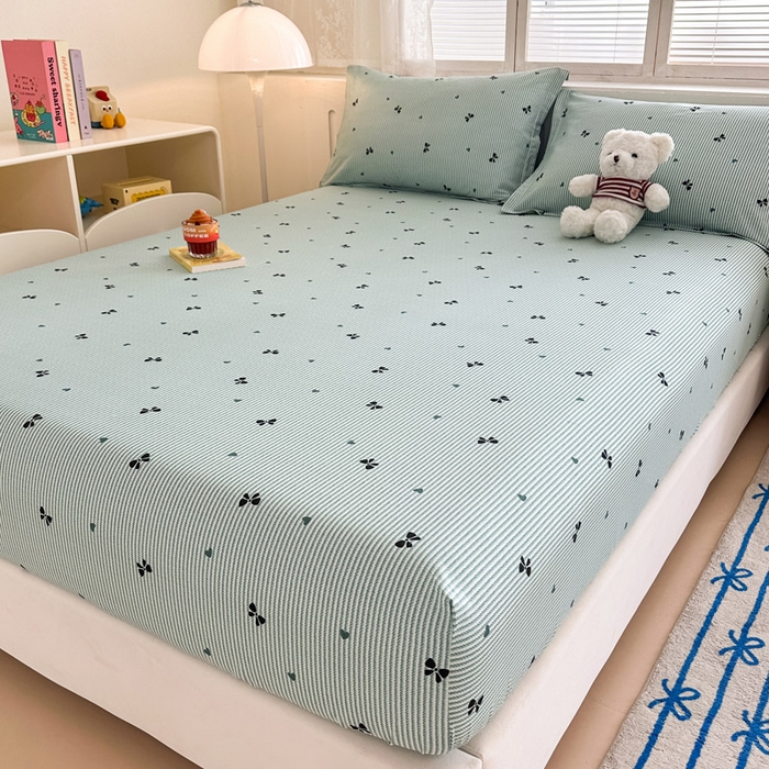 91家纺网 家纺一手货源 找家纺 绵庭家纺 2025新款全棉印花单床笠系列 绿底蝴蝶结