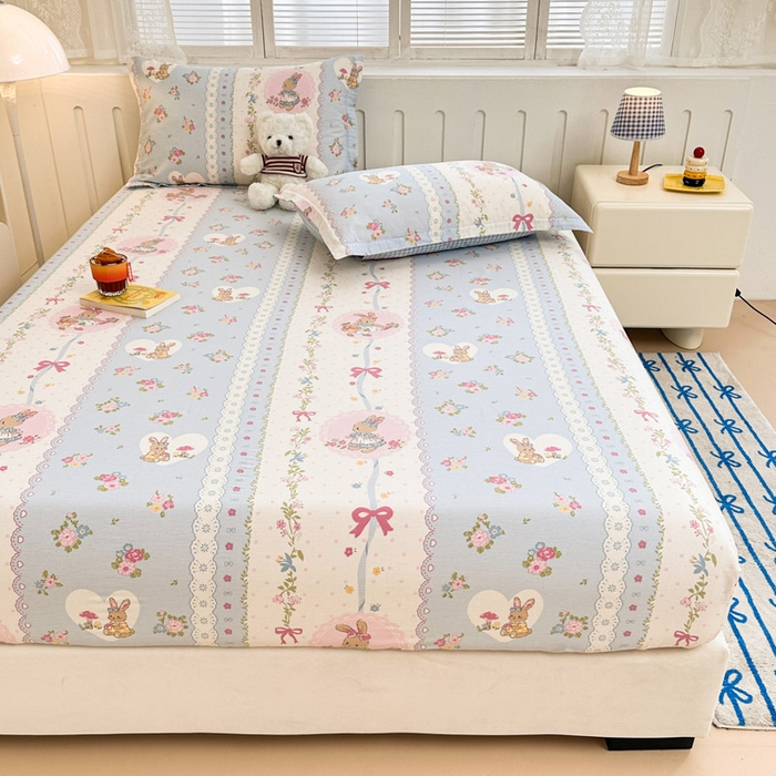 91家纺网 家纺一手货源 找家纺 绵庭家纺 2025新款全棉印花单床笠系列 花丛兔-兰