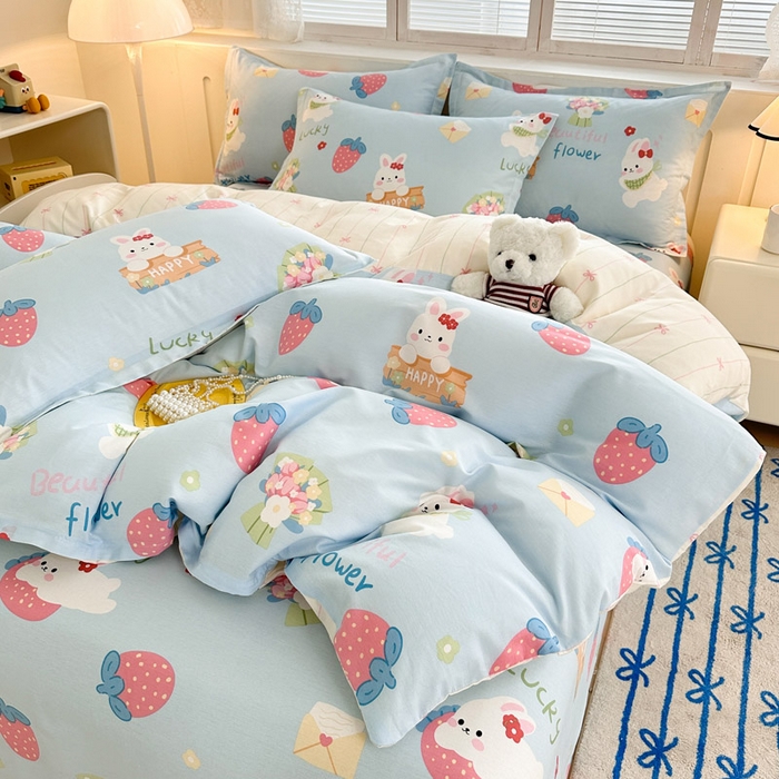 91家纺网 家纺一手货源 找家纺 绵庭家纺 2025新款全棉印花四件套系列 奇趣欢乐园-蓝