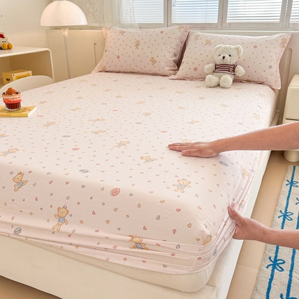 绵庭家纺 2025新款全棉印花单床笠系列 泡泡小熊粉
