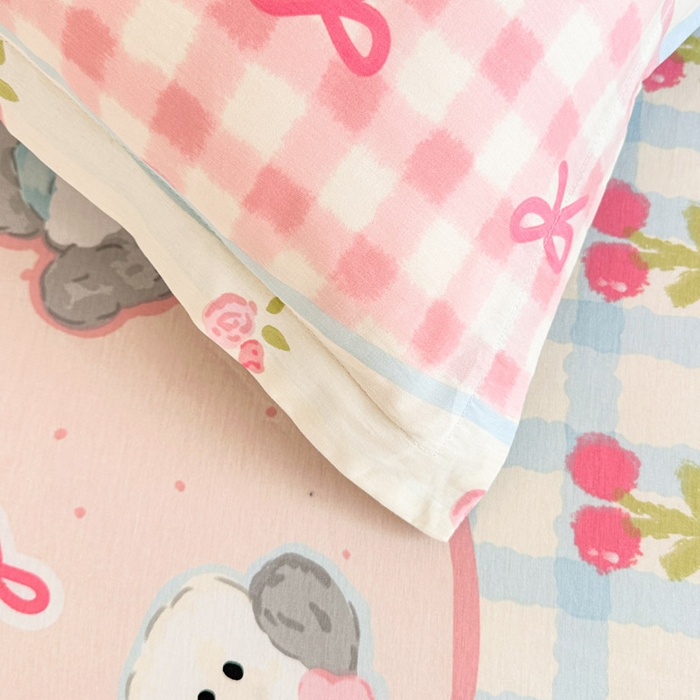 91家纺网 家纺一手货源 找家纺 绵庭家纺 2025新款全棉印花单枕套系列 甜心樱桃狗