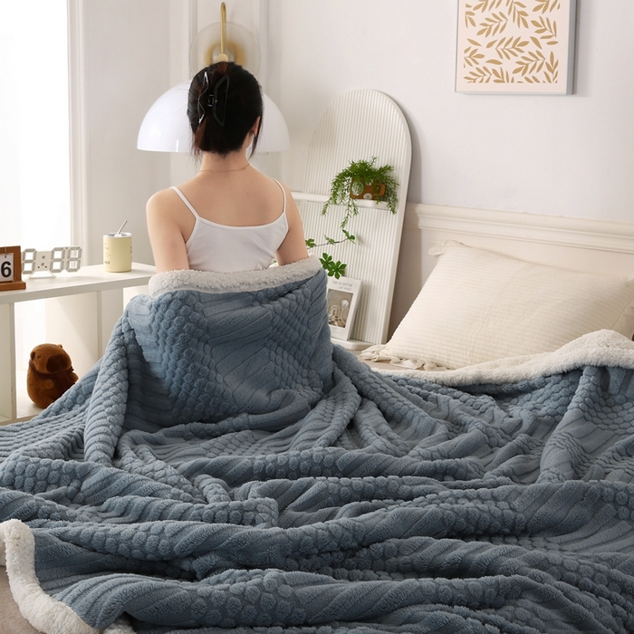 91家纺网 家纺一手货源 找家纺 巴木赫 2024新款舒棉绒点点塔芙绒双层羊羔绒毯 灰蓝