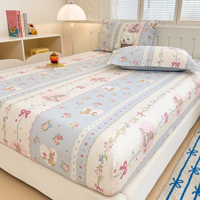 91家纺网 家纺一手货源 找家纺 绵庭家纺 2025新款全棉印花单床笠系列 花丛兔-兰