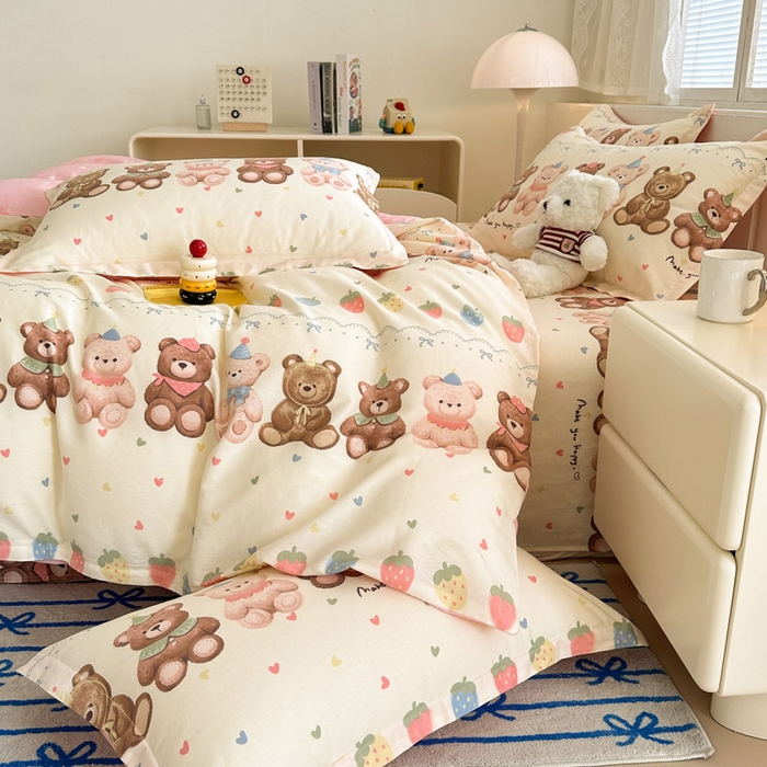 91家纺网 家纺一手货源 找家纺 绵庭家纺 2025新款全棉印花四件套系列 浪漫熊仔